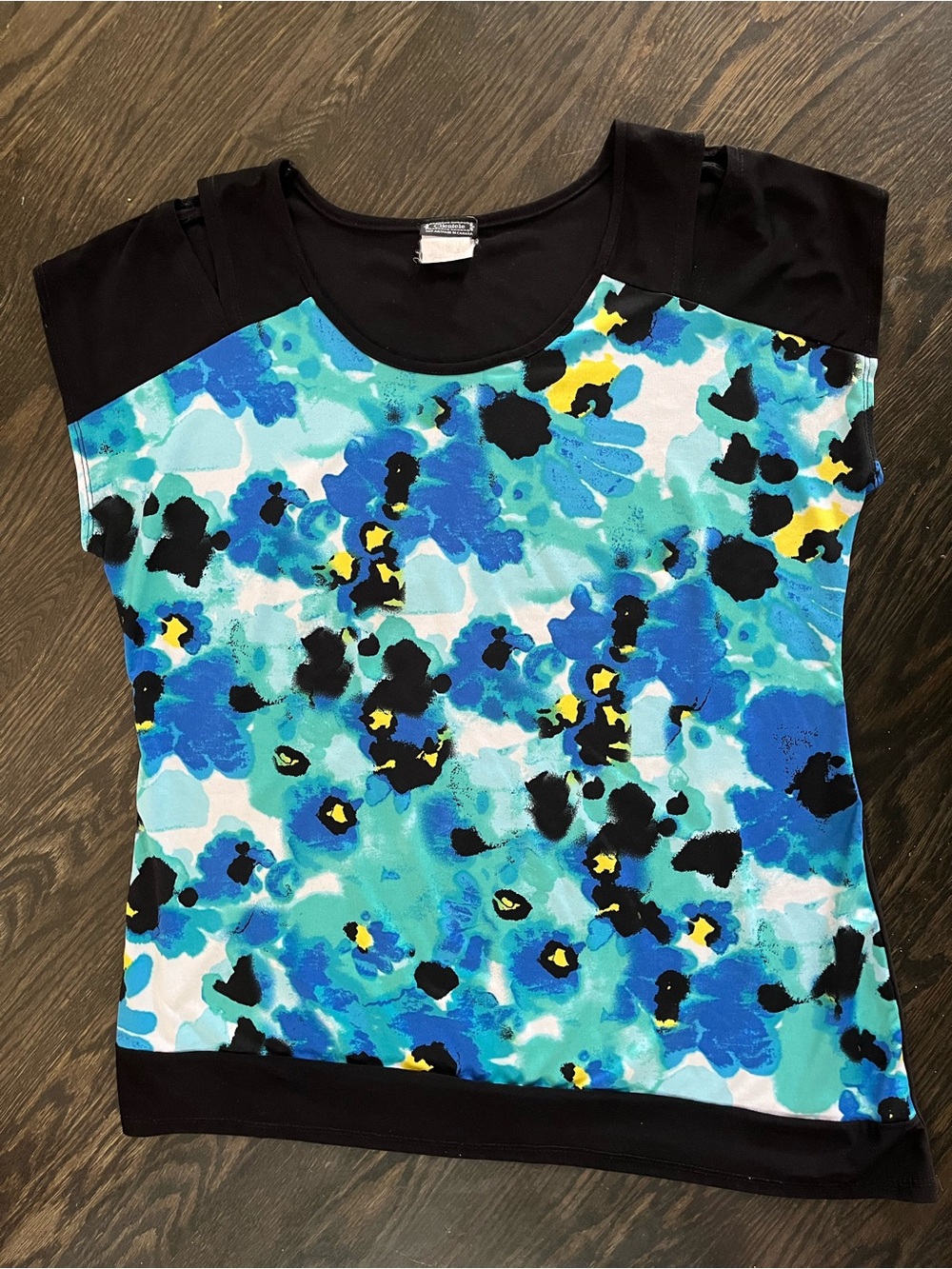 Clientele Aqua Blue Floral & Black Flowy Sleeveless Stretch Top Size L Canada